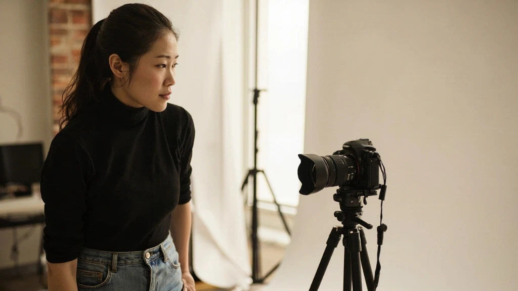 Lead photographer Mara Velez beside a medium-format studio camera