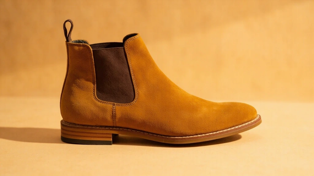 Tan suede Chelsea boot, three-quarter angle, medium-format capture.