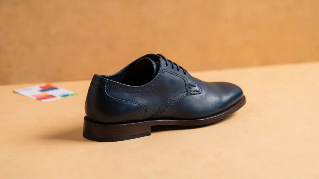 Close product photograph of a navy Oxford shoe, medium-format digital capture with subtle leather grain visible.