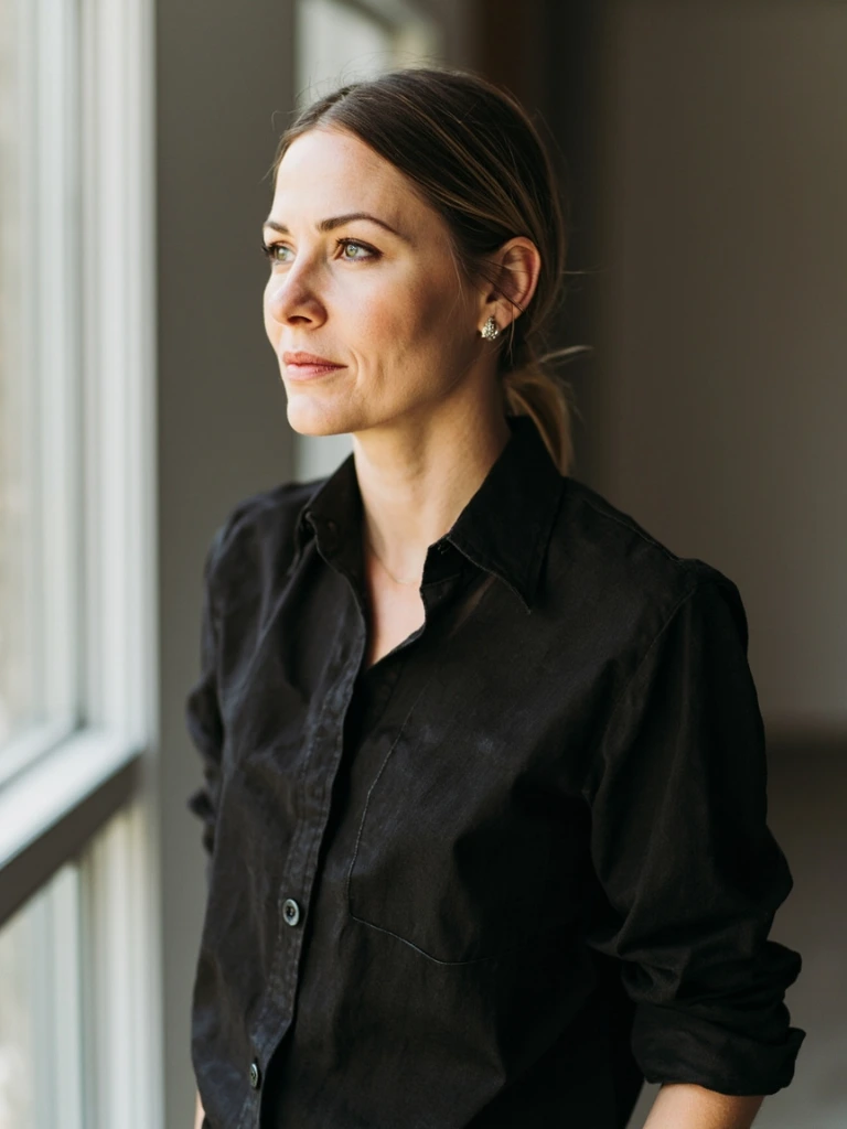 Portrait of lead photographer Mara Velez inside the Long Island City studio, neutral expression, daylight mixed with strobe.