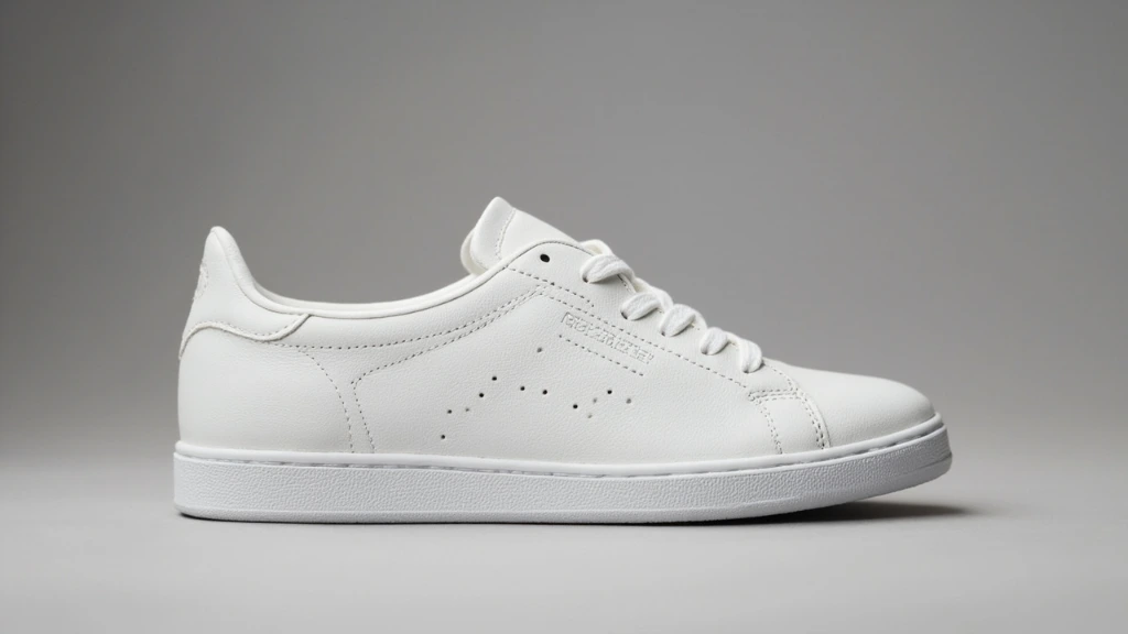 Medium-format product photograph of a white leather sneaker on a seamless studio backdrop