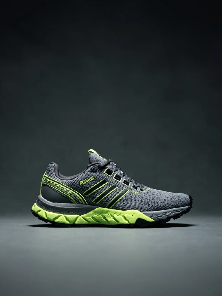 Medium-format product photograph of a charcoal and acid green trail running shoe